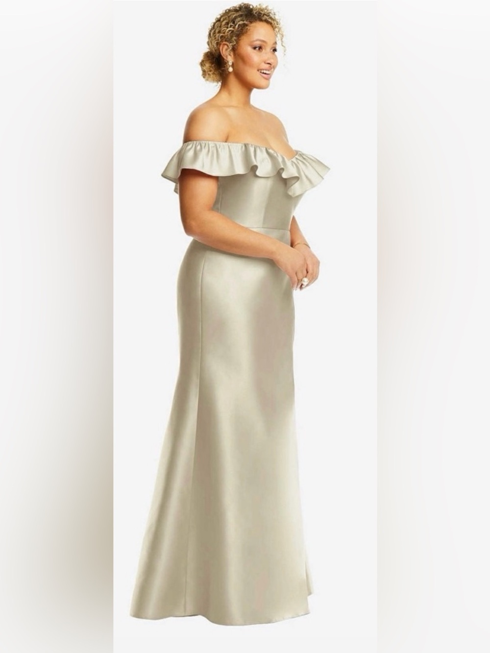 Alfred Sung Off the Shoulder Ruffle Neck Satin Trumpet Gown in Champagne - Picture 9 of 15